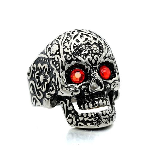 Rhinestone Stainless Steel Finger Ring, 304 Stainless Steel, Skull, Vacuum Ion Plating, fashion jewelry & for man & with rhinestone 