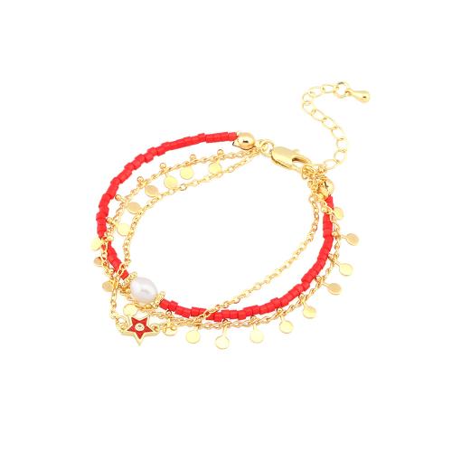 Cultured Freshwater Pearl Brass Bracelet, with Glass Beads & Freshwater Pearl, Star, gold color plated, Double Layer & Adjustable & fashion jewelry & for woman & enamel Approx 16-22 cm 