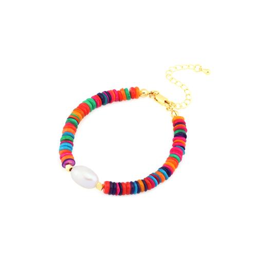 bracelet en laiton de perle d'eau douce cultivée, coquille, avec perle d'eau douce cultivée & laiton, Placage de couleur d'or, bijoux de mode & pour femme, plus de couleurs à choisir Environ 16-22 cm, Vendu par PC