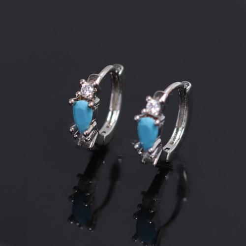Rhinestone Brass Drop Earring, silver color plated, for man & with rhinestone, blue 