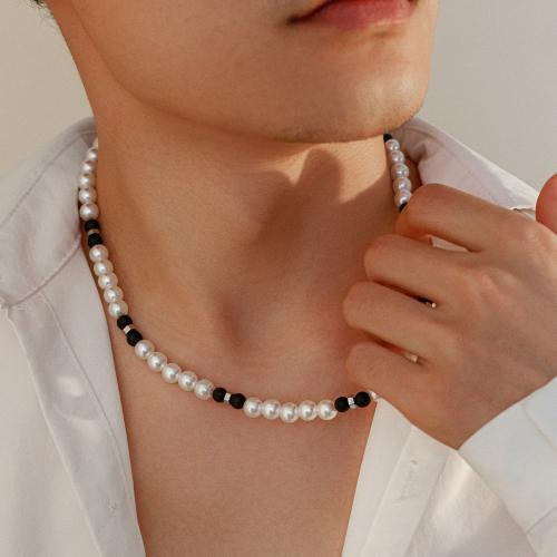 Plastik-Perlenkette, Kunststoff Perlen, mit Glas & Zinklegierung, mit Verlängerungskettchen von 7cm, Modeschmuck, weiß, Länge:48 cm, verkauft von PC