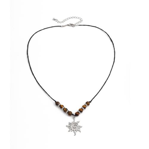Tigerauge Halskette, Wachsschnur, mit Tigerauge & Zinklegierung, mit Verlängerungskettchen von 7cm, plattiert, Modeschmuck, gemischte Farben, Länge:52 cm, verkauft von PC