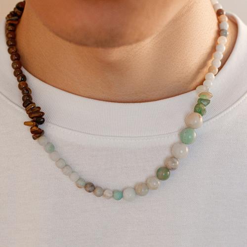 Gemstone Necklaces, Synthetic Turquoise, with Tiger Eye, with 7cm extender chain, fashion jewelry, mixed colors cm 