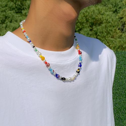 ожерелье ювелирного изделия лэмпворка, Пластиковая жемчужина, с Лэмпворк, с 7cm наполнитель цепи, ювелирные изделия моды, разноцветный, длина:45 см, продается PC