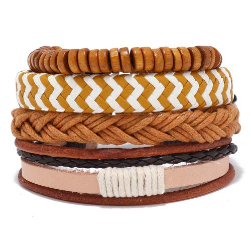 PU Leather Cord Bracelets, with Cowhide & Wax Cord & Wood, handmade, 4 pieces & fashion jewelry & Unisex 