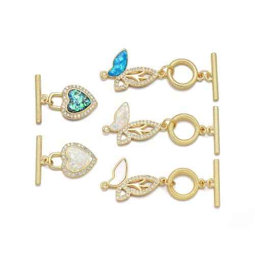 Brass Toggle Clasp, with Opal & Shell, plated, DIY & micro pave cubic zirconia 