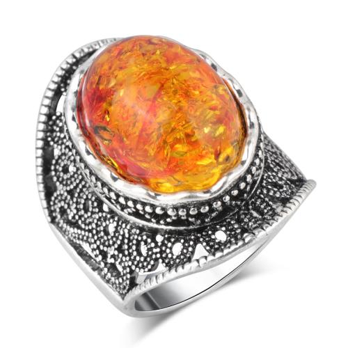 Gemstone Zinc Alloy Finger Ring, with Amber, plated, Unisex silver color 