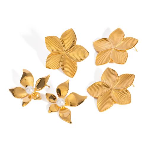 Edelstahl Stud Ohrring, 304 Edelstahl, mit Kunststoff Perlen, Blume, 18K vergoldet, Modeschmuck & verschiedene Stile für Wahl & für Frau, goldfarben, verkauft von PC