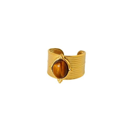 Gemstone Stainless Steel Finger Ring, 304 Stainless Steel, with Tiger Eye, Vacuum Ion Plating, Adjustable & fashion jewelry & for woman, golden 