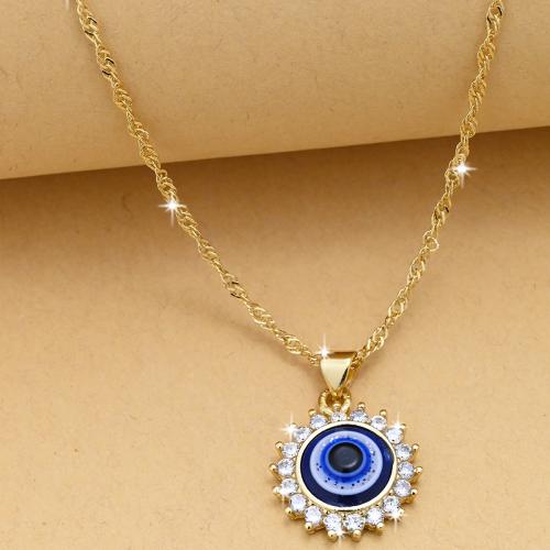 Evil Eye Jewelry Necklace, Brass, gold color plated, evil eye pattern & micro pave cubic zirconia & for woman, blue cm 