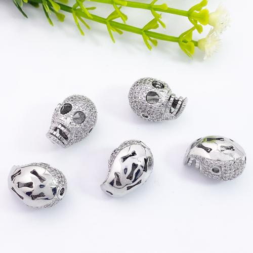 Cubic Zirconia Micro Pave Brass Beads, Skull, silver color plated, DIY & micro pave cubic zirconia 