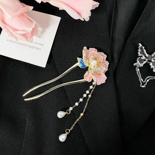 Hair Stick, Zinc Alloy, with Plastic Pearl, Flower, plated, fashion jewelry & enamel, pink 