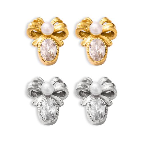 Boucles d'oreilles en acier titane, avec Shell Pearl, Noeud papillon, Placage, bijoux de mode & pavé de micro zircon & pour femme, plus de couleurs à choisir, Vendu par paire