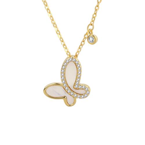 Cubic Zirconia Micro Pave Sterling Silver Necklace, 925 Sterling Silver, with Shell, with 4CM extender chain, Butterfly, micro pave cubic zirconia & for woman, golden Approx 41 cm 