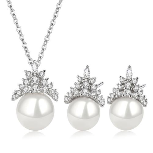 Sterling Silver Freshwater Pearl Jewelry Sets, 925 Sterling Silver, with Freshwater Pearl & micro pave cubic zirconia & for woman, platinum color 