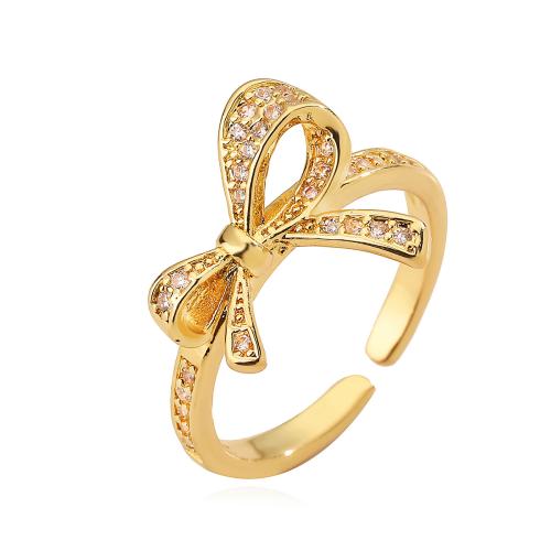 Cubic Zirconia Micro Pave Brass Finger Ring, Bowknot, plated, micro pave cubic zirconia & for woman, golden 