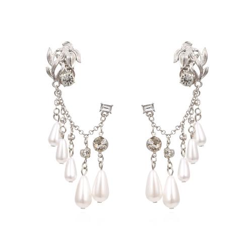 Plastic Pearl Zinc Alloy Earring, with Plastic Pearl, for woman & with rhinestone, platinum color 