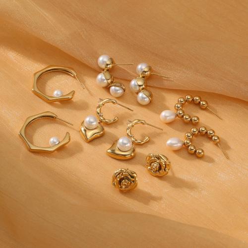 Stainless Steel Stud Earring, 304 Stainless Steel, with Plastic Pearl, plated & for woman 