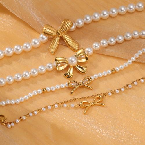 Stainless Steel Chain Bracelets, 304 Stainless Steel, with Plastic Pearl, plated & for woman, golden 