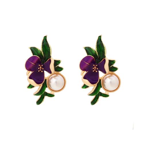 Enamel Zinc Alloy Stud Earring, with Plastic Pearl, plated, for woman, golden 