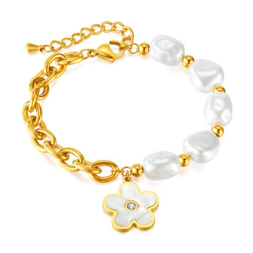 Cultured Freshwater Pearl Bracelets, 304 Stainless Steel, with Pearl Oyster & Cubic Zirconia & Freshwater Pearl, with 4cm extender chain, Vacuum Ion Plating, for woman .5 cm 