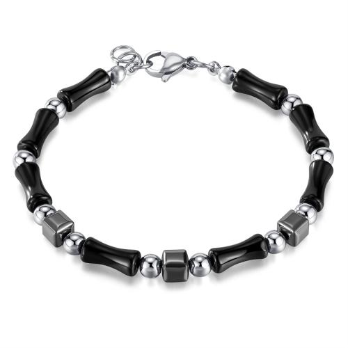 Gemstone Bracelets, 304 Stainless Steel, with Natural Stone & Hematite, Vacuum Ion Plating, Unisex, black cm 