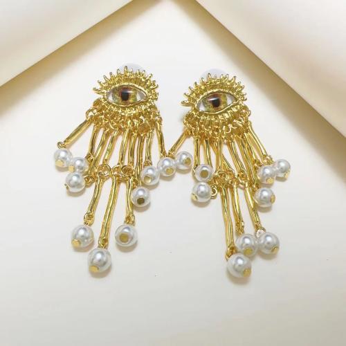 Zinc Alloy Tassel Earring, with Plastic Pearl, fashion jewelry & for woman, golden 