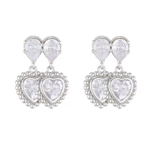 Rhinestone Brass Drop Earring, Heart, fashion jewelry & for woman & with rhinestone, silver color 