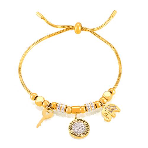 Titanium Steel Bracelet, with Czech Rhinestone, fashion jewelry & for woman, golden, inside diameter 11cm 