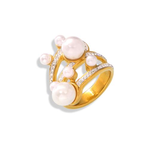 Titanium Steel Finger Ring, with Shell Pearl, 18K gold plated & for woman & with rhinestone, golden 