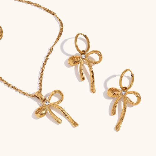 Rhinestone stainless steel Jewelry Set, 304 Stainless Steel, with 5cm extender chain, Bowknot, 18K gold plated & for woman & with rhinestone, golden Approx 40 cm 