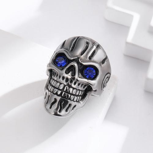 Rhinestone Brass Finger Ring, Titanium Steel, Skull, silver color plated, for man & with rhinestone 