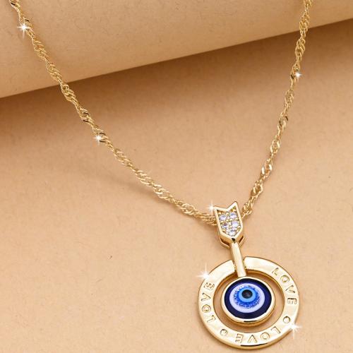 Collier Evil Eye bijoux, laiton, Rond, Placage de couleur d'or, motif de mauvais œil & pavé de micro zircon & pour femme, bleu, Vendu par PC