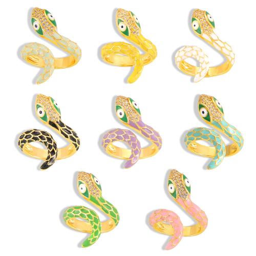 Rhinestone Brass Finger Ring, Snake, gold color plated, for woman & enamel & with rhinestone US Ring 