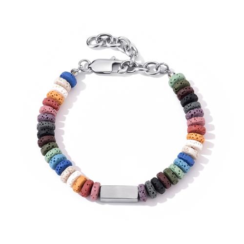 Lava Bead Bracelet, Titanium Steel, with Lava, with 5cm extender chain, polished, Unisex, multi-colored cm [
