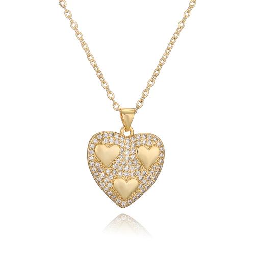 Cubic Zircon Micro Pave Brass Necklace, Heart, plated & micro pave cubic zirconia & for woman, golden 