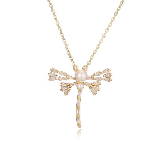 Cubic Zircon Micro Pave Brass Necklace, with Plastic Pearl, Dragonfly, plated, micro pave cubic zirconia & for woman 