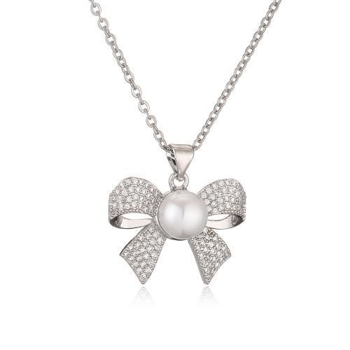 Cubic Zircon Micro Pave Brass Necklace, with Plastic Pearl, Bowknot, plated, micro pave cubic zirconia & for woman 