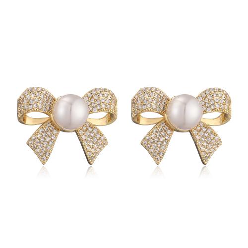 Cubic Zirconia Micro Pave Brass Earring, with Plastic Pearl, Bowknot, plated, micro pave cubic zirconia & for woman 