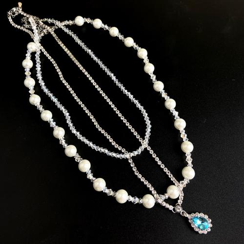 Collar de perlas de plástico, acero inoxidable 304, con Perlas plásticas, Joyería & para mujer & con diamantes de imitación, plateado, longitud:39.5 cm, 47 cm, 50 cm, Vendido por UD