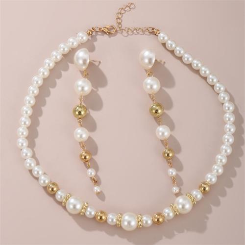 Sistemas del regalo de la joyería, aleación de zinc, Pendiente de stud & collar, con Perlas plásticas, para mujer, Vendido por Set