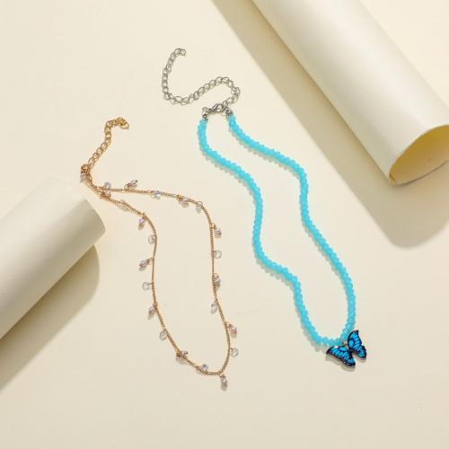 Collar de Cristal y Aleación de Zinc, con Cristal, con 5cm extender cadena, Doble capa & para mujer & esmalte, azul, longitud:32 cm, 35 cm, Vendido por Set