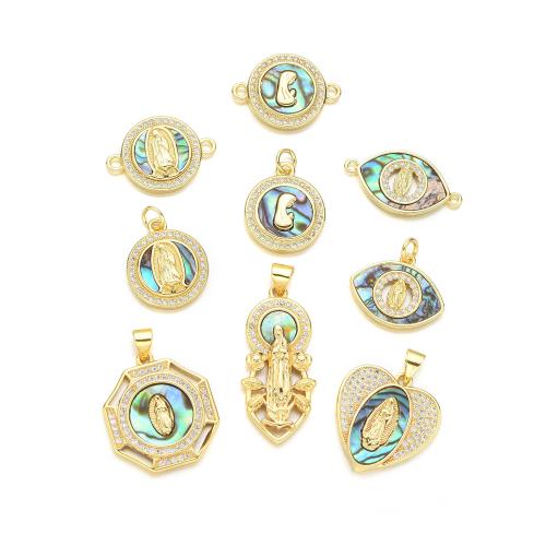 Cubic Zirconia Micro Pave Brass Pendant, with Abalone Shell, plated, DIY & micro pave cubic zirconia, golden 