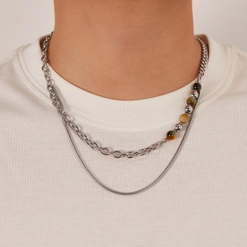 Stainless Steel Jewelry Necklace, 304 Stainless Steel, with Tiger Eye, with 6.5cm extender chain, Vacuum Ion Plating, Double Layer & for man cm 
