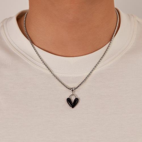 Edelstahl Schmuck Halskette, 304 Edelstahl, mit Verlängerungskettchen von 6cm, Herz, Vakuum-Ionen-Beschichtung, für den Menschen & Emaille, schwarz, 17x20mm, Länge:43 cm, verkauft von PC