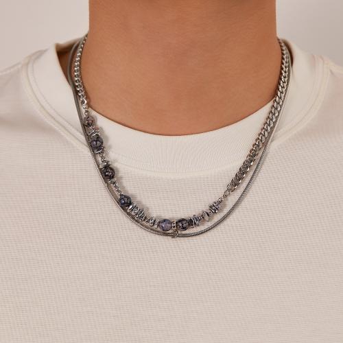 Edelstahl Schmuck Halskette, 304 Edelstahl, mit Naturstein & Hämatit, mit Verlängerungskettchen von 6.5cm, Vakuum-Ionen-Beschichtung, Doppelschicht & für den Menschen, Länge:47.5 cm, verkauft von PC