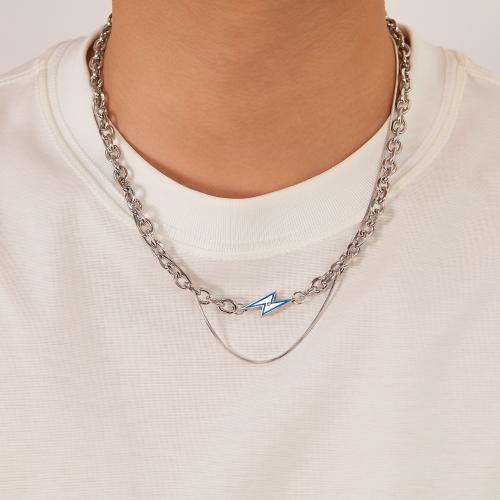 Edelstahl Schmuck Halskette, 304 Edelstahl, mit Verlängerungskettchen von 5cm, Vakuum-Ionen-Beschichtung, Doppelschicht & Micro pave Zirkonia & für den Menschen, Länge:47 cm, verkauft von PC
