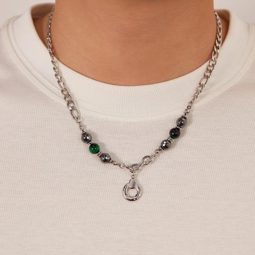 Edelstahl Schmuck Halskette, 304 Edelstahl, mit Tigerauge & Hämatit, mit Verlängerungskettchen von 6.5cm, Vakuum-Ionen-Beschichtung, für den Menschen, 15x20mm, Länge:50 cm, verkauft von PC