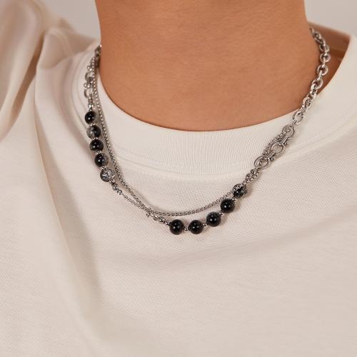 Edelstahl Schmuck Halskette, 304 Edelstahl, mit Glas, mit Verlängerungskettchen von 6cm, Vakuum-Ionen-Beschichtung, Doppelschicht & für den Menschen, schwarz, Länge:50 cm, verkauft von PC
