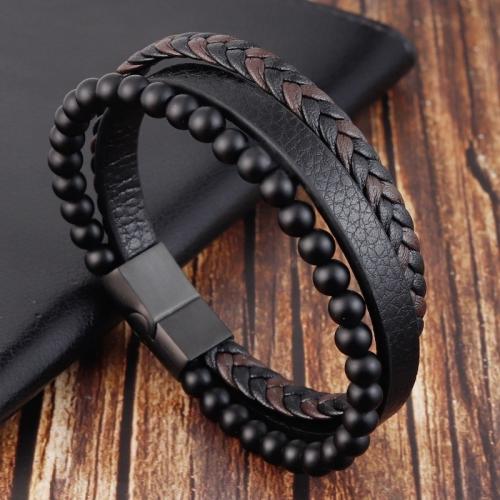 PU Leather Cord Bracelets, with Natural Stone, three layers & fashion jewelry & for man Approx 21 cm [